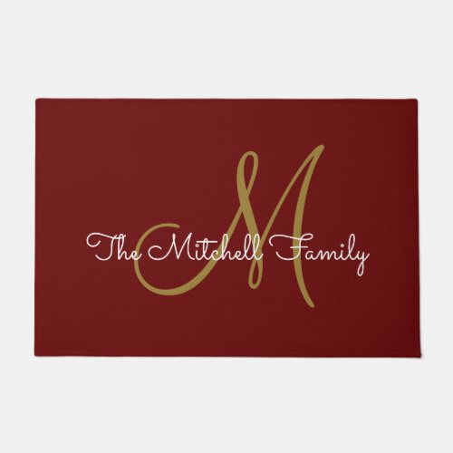 Modern Script Monogram Family Name Burgundy Doormat