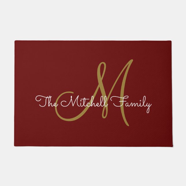 Modern Script Monogram Family Name Burgundy Doormat (Front)