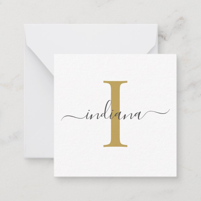 Modern Script Monogram Hand-Lettered Gold Gray Note Card (Back)