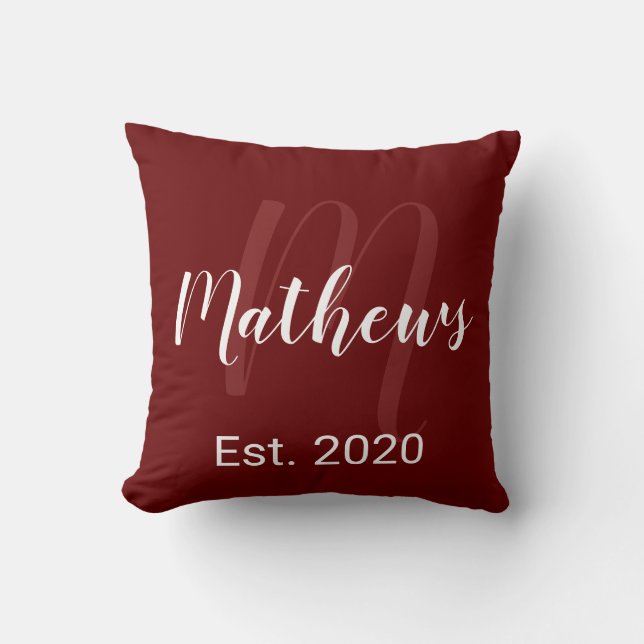 Modern Script Monogram in Burgandy Wine Throw Pillow (Front)