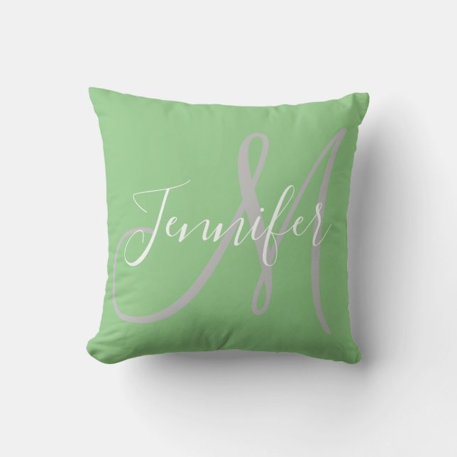 Modern Script Monogram in Mint Throw Pillow (Front)