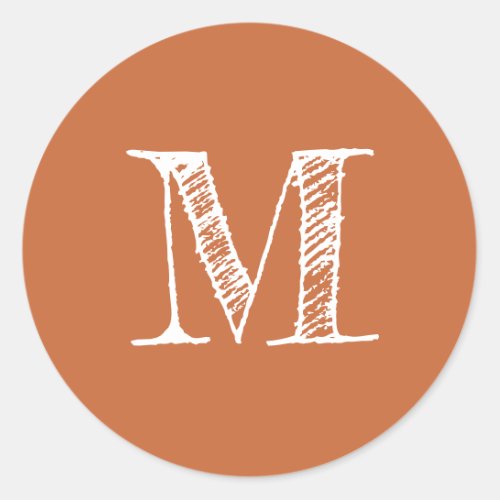 Modern Script Monogram Initial Burnt Orange Classic Round Sticker