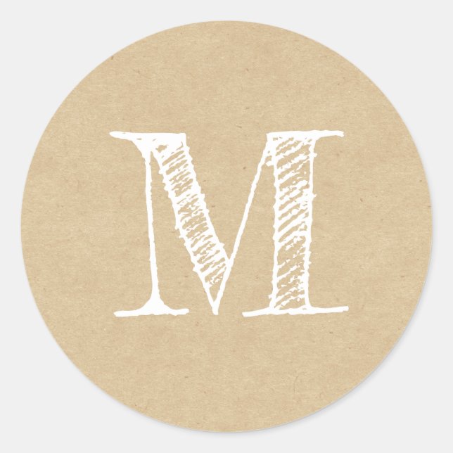 Modern Script Monogram Initial Kraft Classic Round Sticker (Front)
