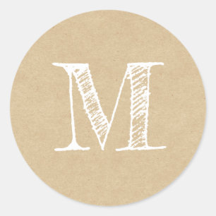 Modern Script Monogram Initial Kraft Classic Round Sticker