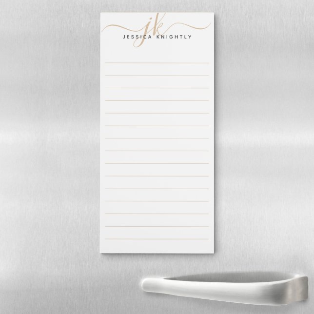 Modern Script Monogram Initials Gold Black Ruled Magnetic Notepad (In Situ)