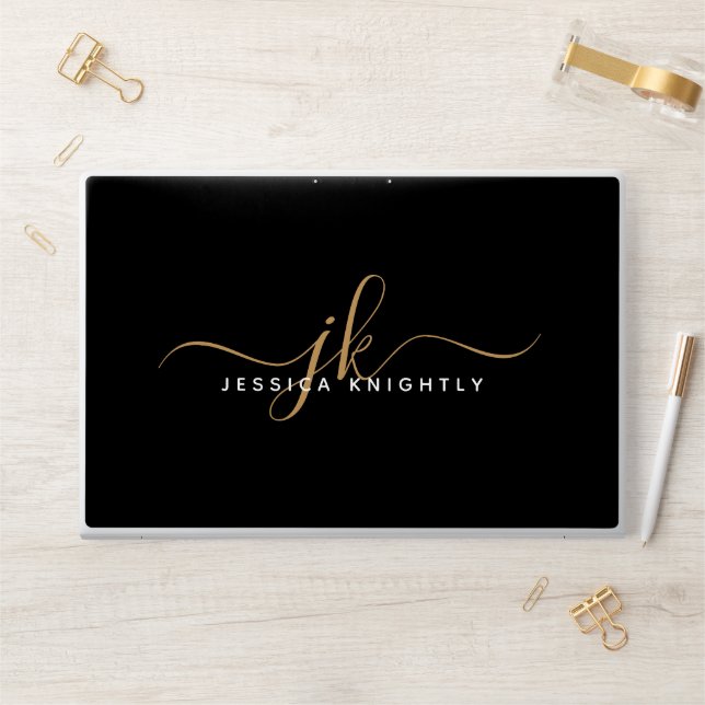 Modern Script Monogram Initials Minimal Black Gold HP Laptop Skin (Desk)