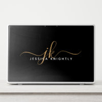 Modern Script Monogram Initials Minimal Black Gold HP Laptop Skin