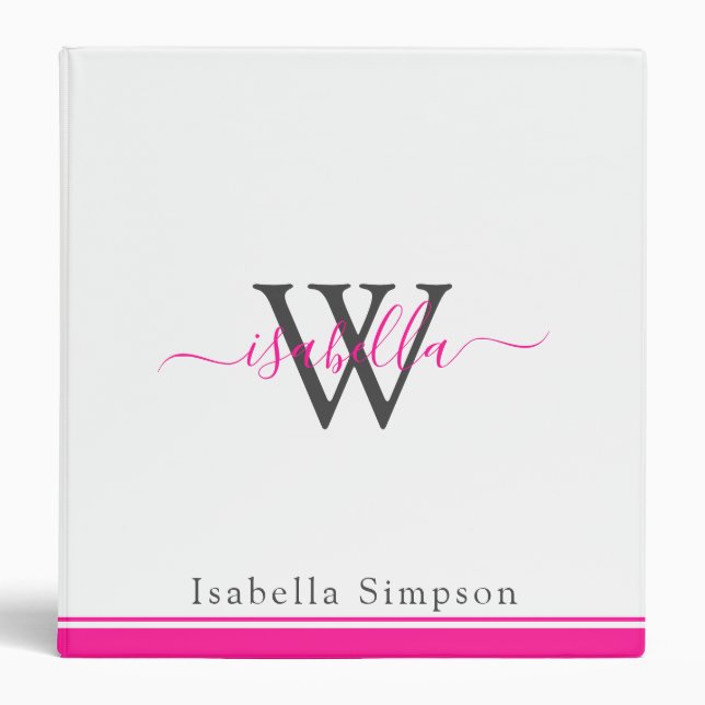 Modern Script Monogram Professional Hot Pink 3 Ring Binder (Front)