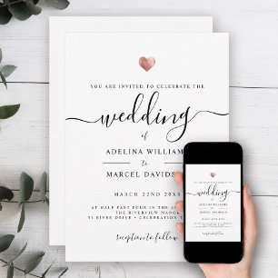 Modern Script Monogram Rose Gold Heart Wedding Invitation