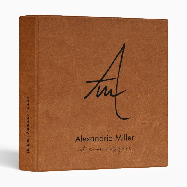 Modern Script Monogram Sable Leather 3 Ring Binder (Front/Spine)