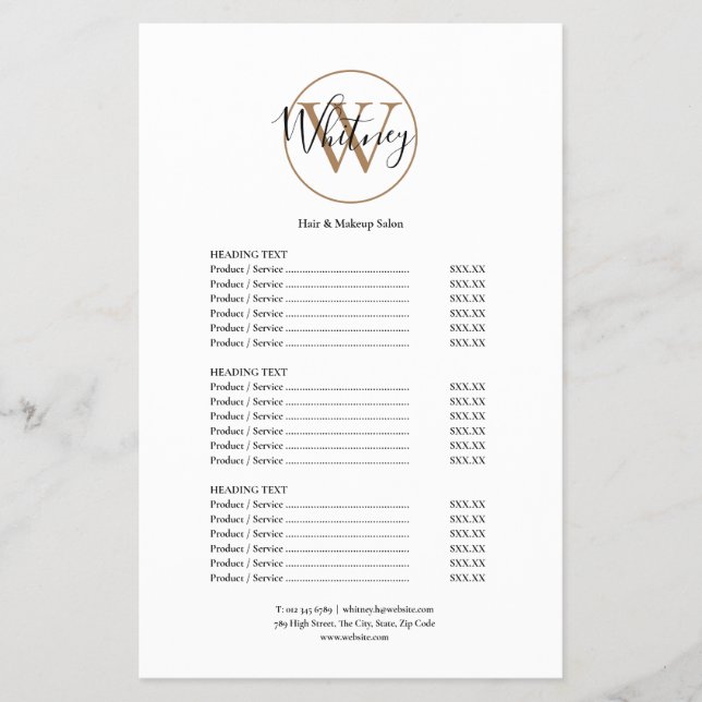 Modern Script Monogram Salon Service Menu Flyer (Front)