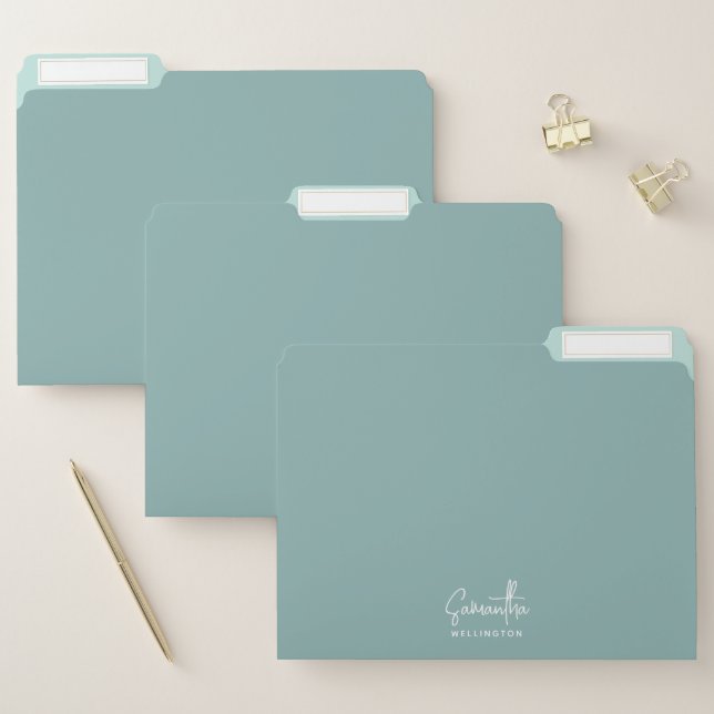 Modern Script Monogram Turquoise Mint Green Name File Folder (Set)