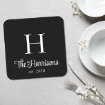 Modern Script Monogrammed Black Square Paper Coaster<br><div class="desc">Modern monogrammed black coaster with your name in a stylish white script. Add an initial and the year established in elegant white typography.</div>