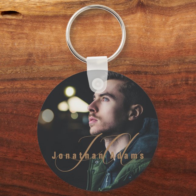 Modern Script Monogrammed Full Photo Keychain (Front)