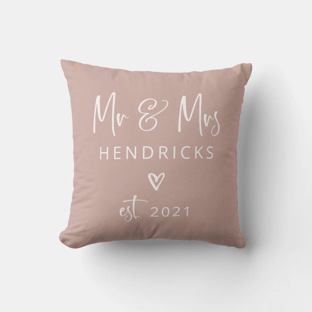 Modern Script | Mr and Mrs. Wedding Earthy Pink Throw Pillow (Front)