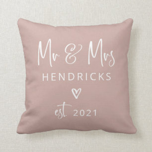 Modern Script Mr and Mrs. Wedding Earthy Pink Throw Pillow