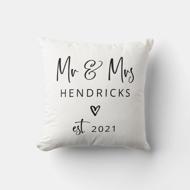 Modern Script | Mr and Mrs. Wedding Established Throw Pillow (Front)