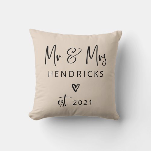 Modern Script Mr and Mrs Wedding Neutral and Black Throw Pillow