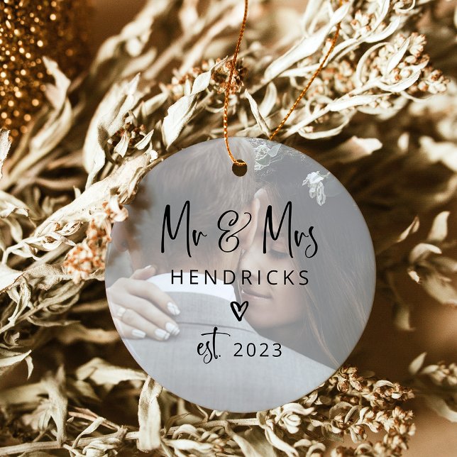 Modern Script | Mr and Mrs. Wedding Two Photo Ceramic Ornament (A simple, modern two-photo Christmas ornament with a hand-drawn heart as a keepsake of your marriage)