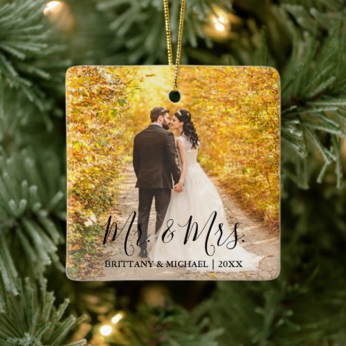 Modern Script Mr. &amp; Mrs. Wedding Photo Ceramic Ornament