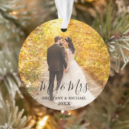 Modern Script Mr. &amp; Mrs. Wedding Photo Ornament