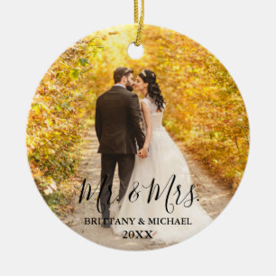 Modern Script Mr. & Mrs. Wedding Photo Round Ceramic Ornament