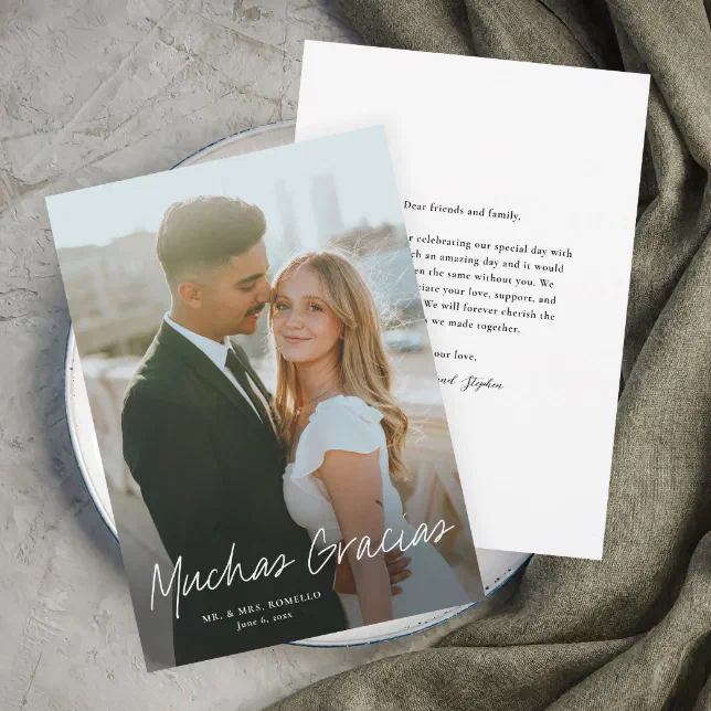 Modern Script Muchas Gracias Photo Wedding Thank You Card | Zazzle