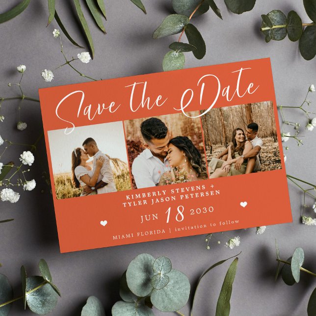 Modern script multi photo bright orange wedding save the date (Creator Uploaded)