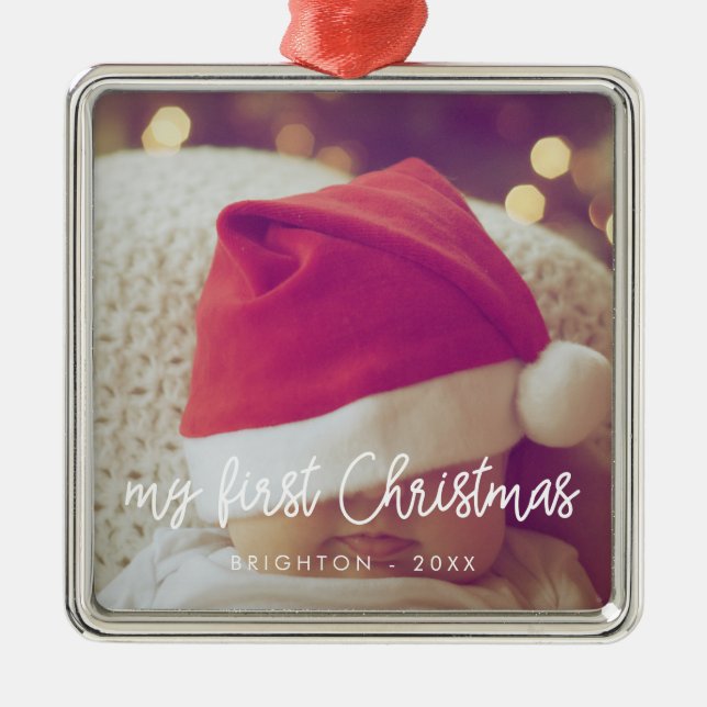 Modern script My First Christmas baby photo Metal Ornament (Front)