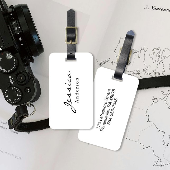 Modern Script Name Address Luggage Tag (Elevate your travel with our elegant luggage tag, personalized with your name and essential details.)