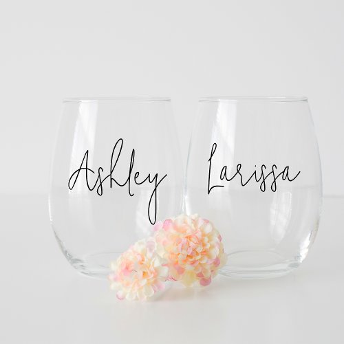 Modern Script Name Bachelorette Bridal Party Stemless Wine Glass