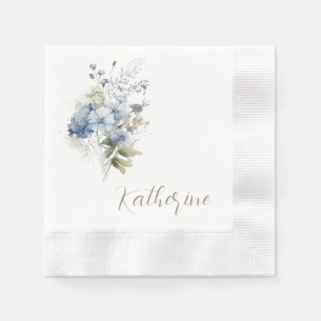 Modern Script Name Blue Floral Bridal Shower Napkins (Front)