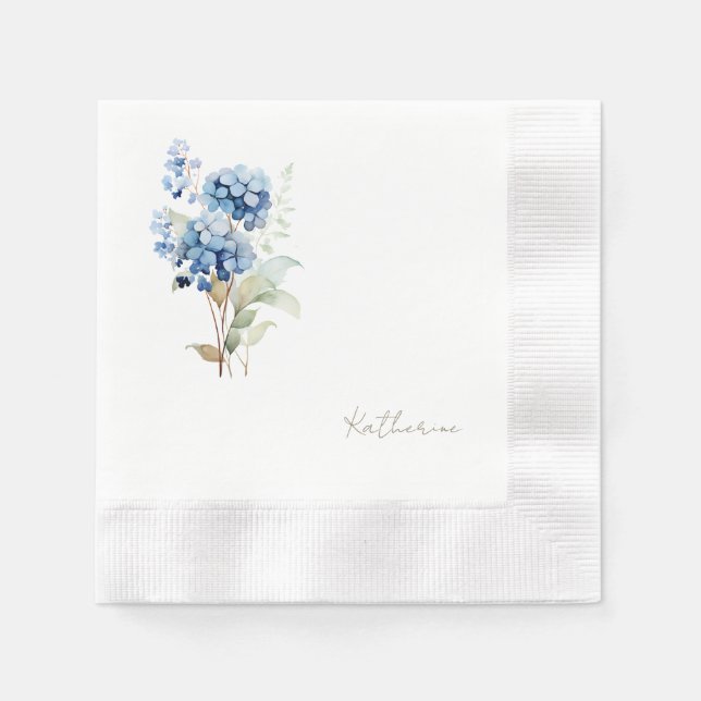 Modern Script Name Blue Hydrangea Bridal Shower Napkins (Front)
