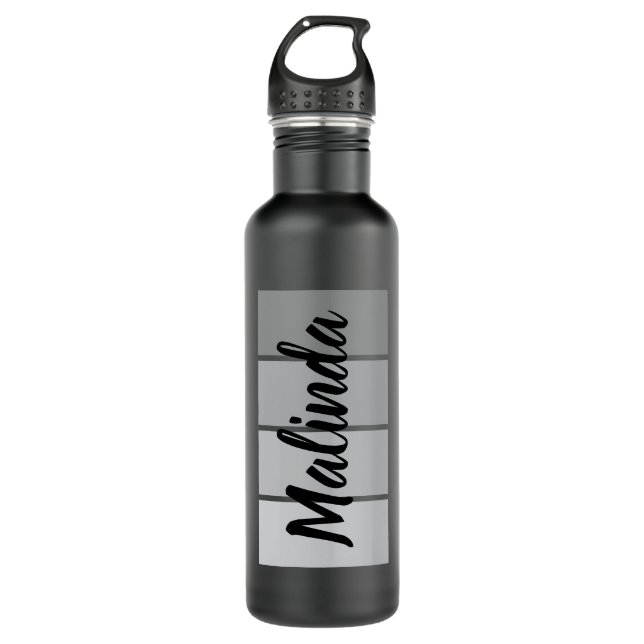 Modern Script Name Design – Black Minimalist Stainless Steel Water Bottle (Front)