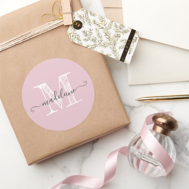 Modern Script Name Monogram Initial Parfait Pink Classic Round Sticker (Gifting)