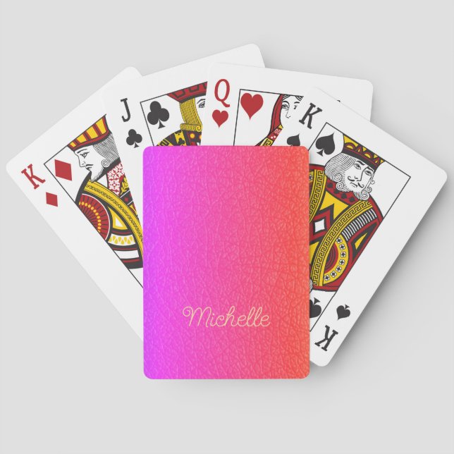 Modern script name personalized hot pink poker cards (Back)