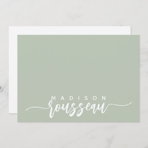 Modern Script Name Personalized White Sage Green Note Card
