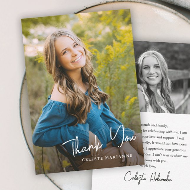 Modern Script Name Photo Graduation  Thank You Card (Simple script photo graduation thank you cards.)