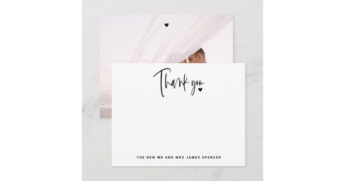 Modern Script Name Photo Heart Wedding Thank You Note Card | Zazzle