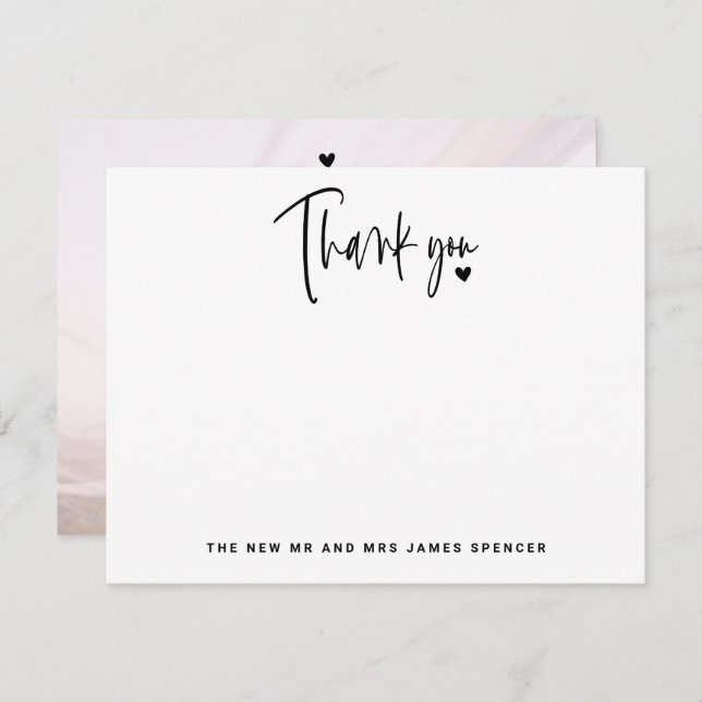 Modern Script Name Photo Heart Wedding Thank You Note Card (Front/Back)