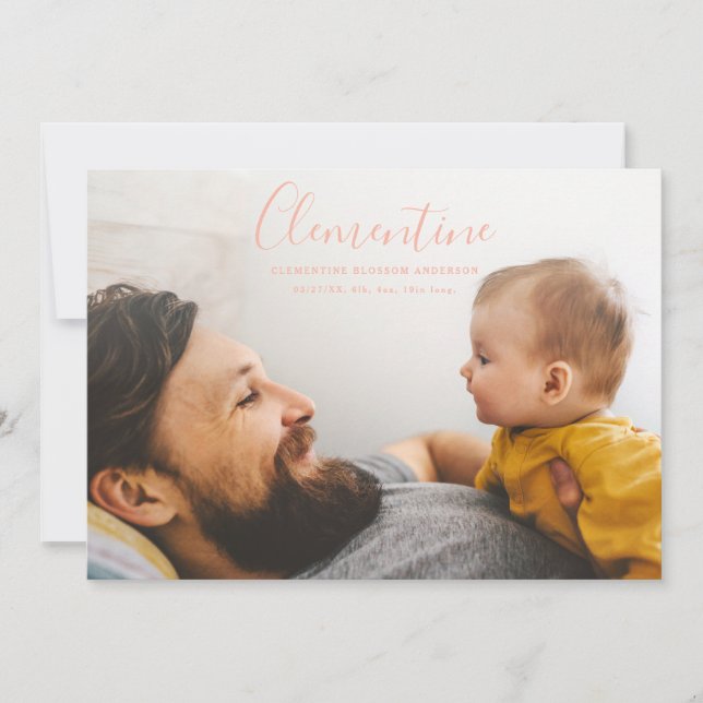 Modern script name photo polka dot birth announcement (Front)