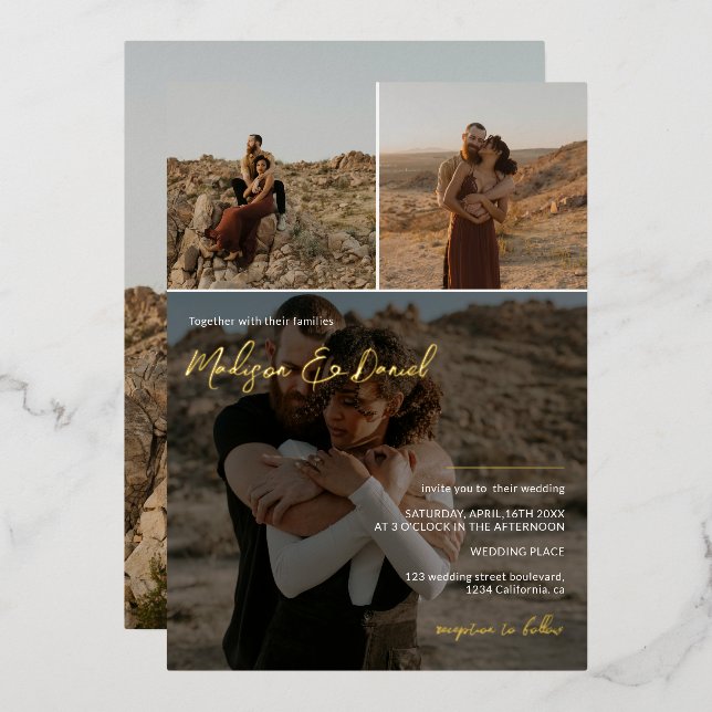 Modern script names 4 photos chic wedding foil invitation (Front/Back)