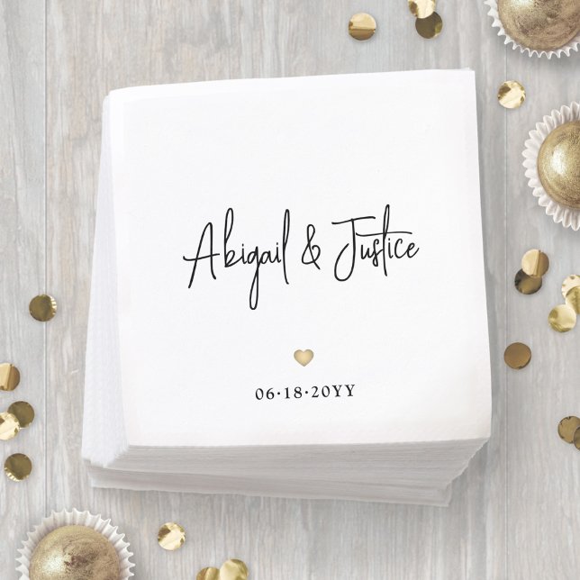 Modern Script Names and Simple Gold Heart Wedding Napkins (Creator Uploaded)