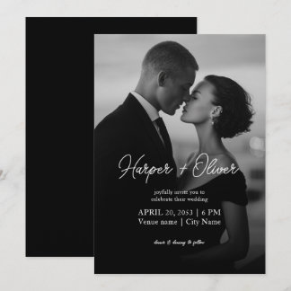 Modern Script Names Black and White Photo Wedding Invitation