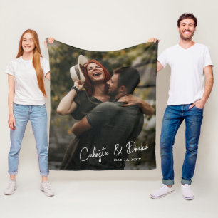 Modern Script Names Couples Photo Wedding Fleece Blanket