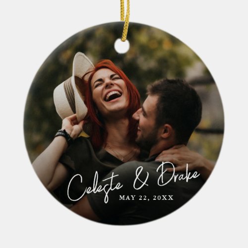 Modern Script Names Couples Wedding 2 Photo Ceramic Ornament