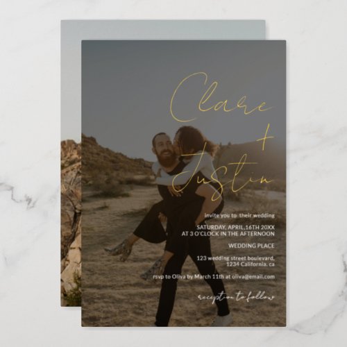 Modern script names photos wedding foil invitation