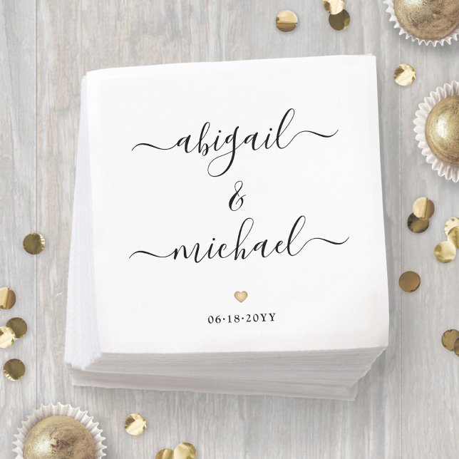 Modern Script Names & Simple Gold Heart Wedding Napkins (Creator Uploaded)