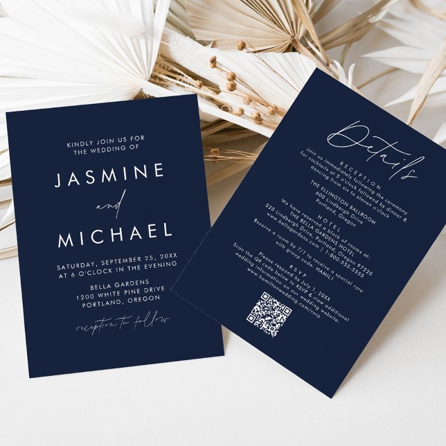 Modern Script Navy All In One QR Code Wedding Invitation (Creator Uploaded)