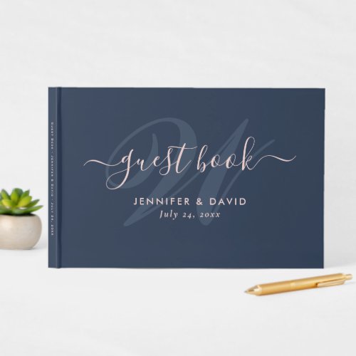 Modern Script Navy Blue and Blush Monogram Wedding Guest Book